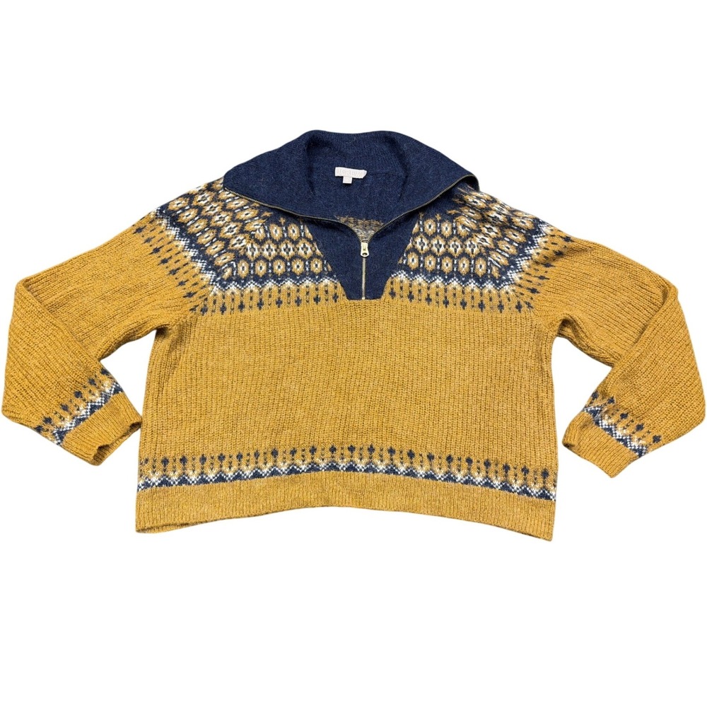 J.Crew Sweater Women XXL Yellow Fair Isle Quarter Zip Alpaca Wool Blend Nordic